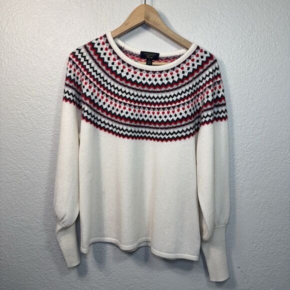 Charter Club Sweater Women L Ivory Cashmere Fair Isle Blouson Sleeve Holidays - Picture 1 of 9